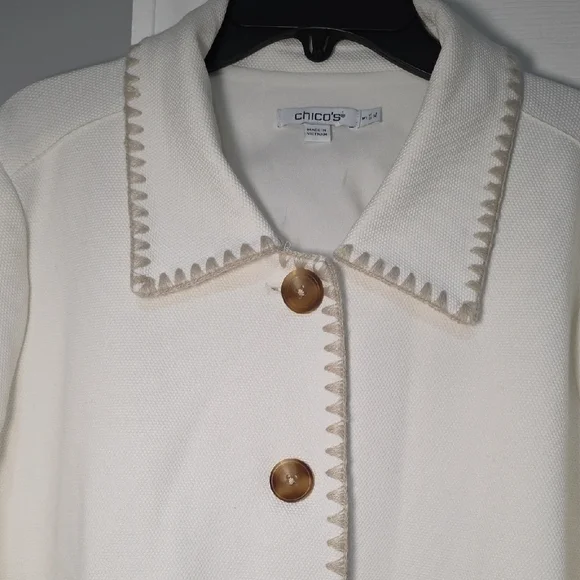 Chico's Cream Teddy Jacket with Tan Trim - Picture 2 of 6